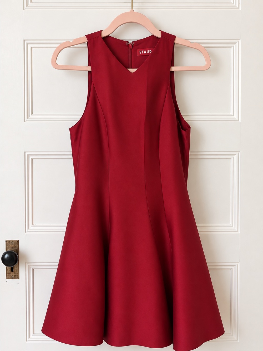 STAUD Mini Heike Dress Rouge Red Wool Silk Fit & Flare Mini Dress